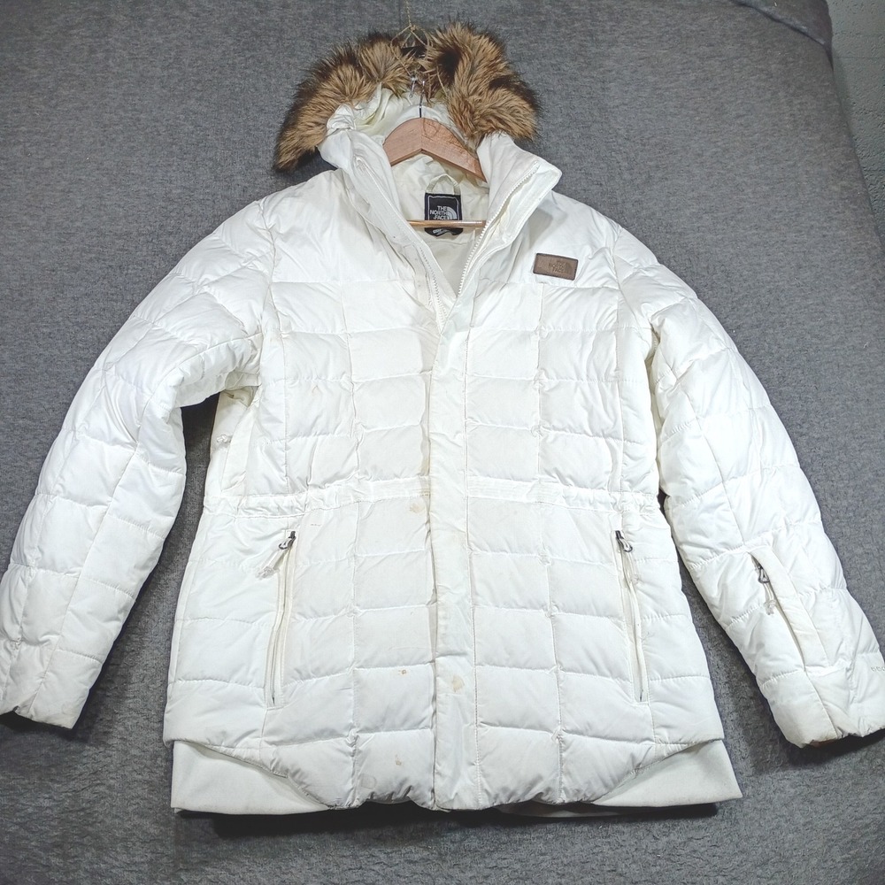 The North Face Gotham 550 Down Parka Jacket Womens XL White Faux Fur Hood FLAWS